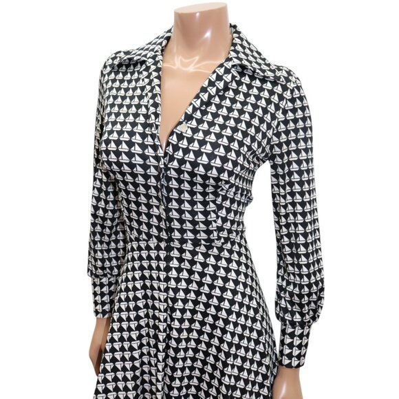 Vintage LANVIN Black & White Sailboat Print Shirt Dress Small - Picture 7 of 8